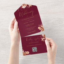 Burgundy och guldblommig QR-kod Höstbröllop