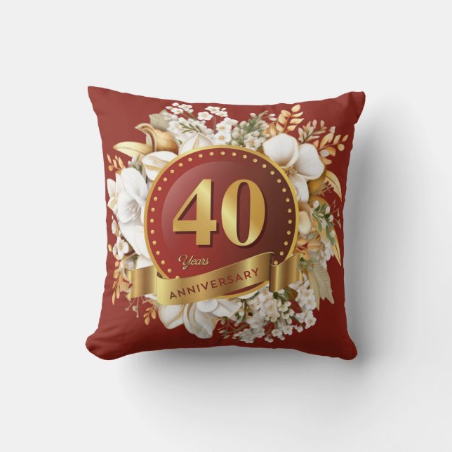 Burgundy och guldblommor 40-års bröllopsjubileum  kudde (Framsida)