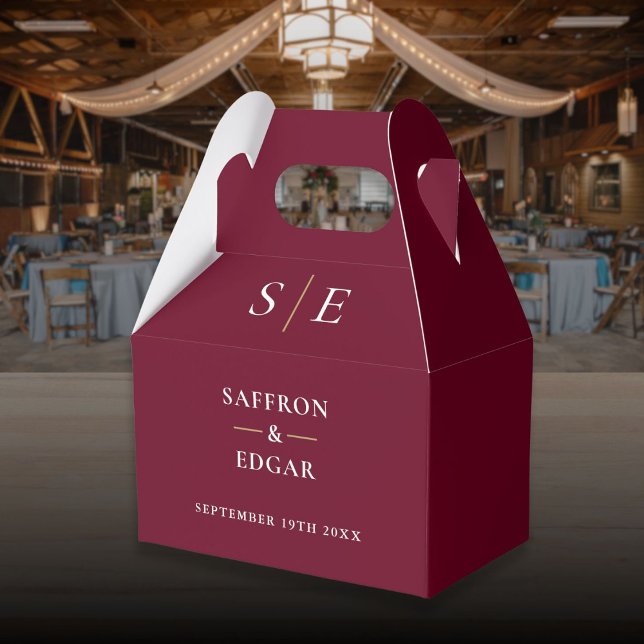 Burgundy och guldmonogram bröllop presentaskar (Burgundy And Gold Monogram Wedding Favor Boxes)