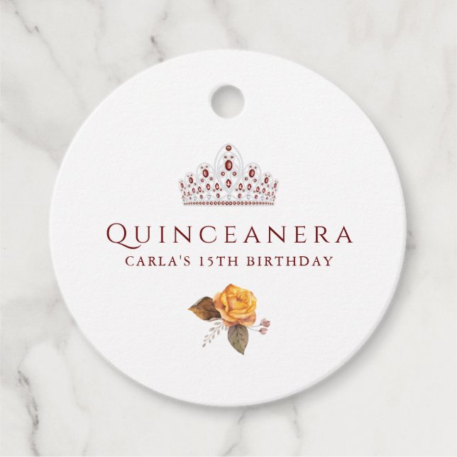 Burgundy och Gult Blommigt Quinceanera Gåvor Etiketter (Framsida)