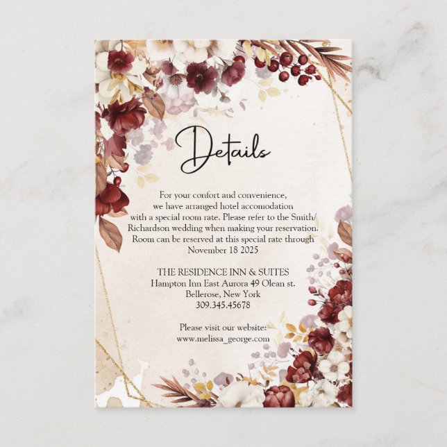 Burgundy och höstblommor och blad i guldbildram tilläggskort (Framsida)