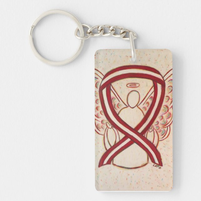 Burgundy och Ivory Awareness Ribbon Angel Keychain (Framsidan)