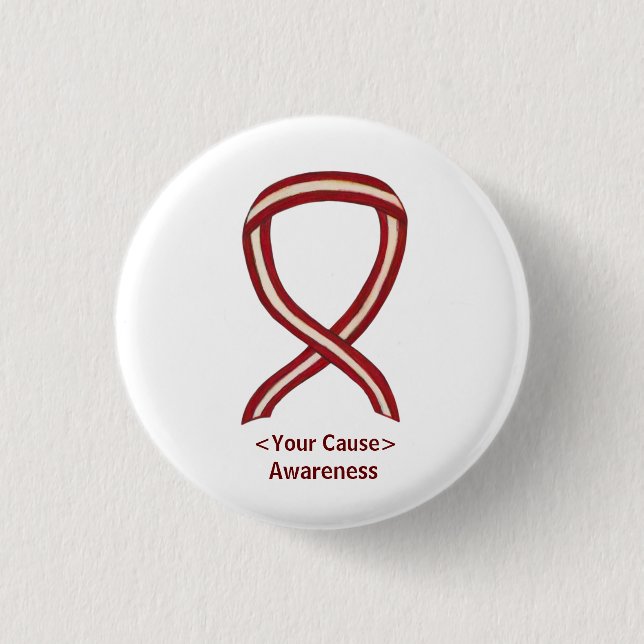 Burgundy och Ivory Awareness Ribbon Pin Buttons Knapp (Framsida)