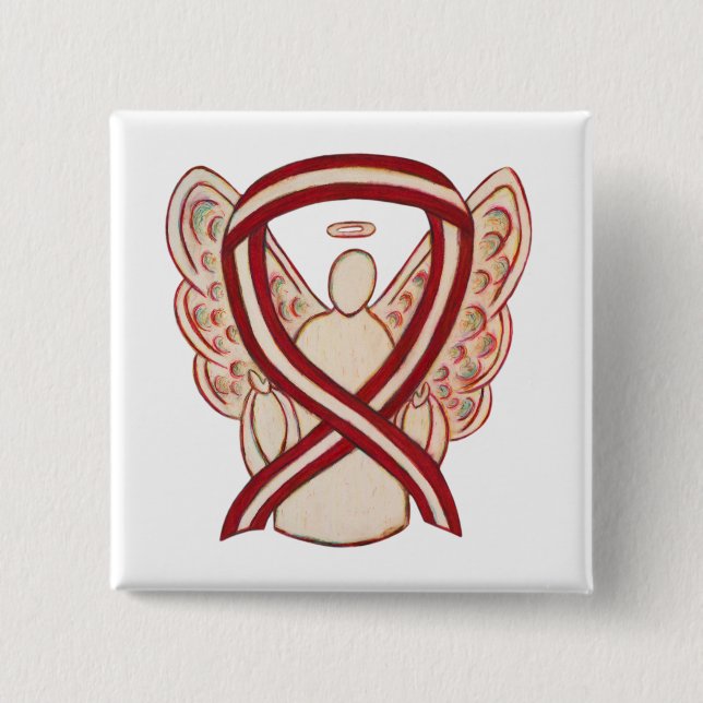 Burgundy och Ivory Ribbon Awareness Angel Pin Knapp (Framsida)