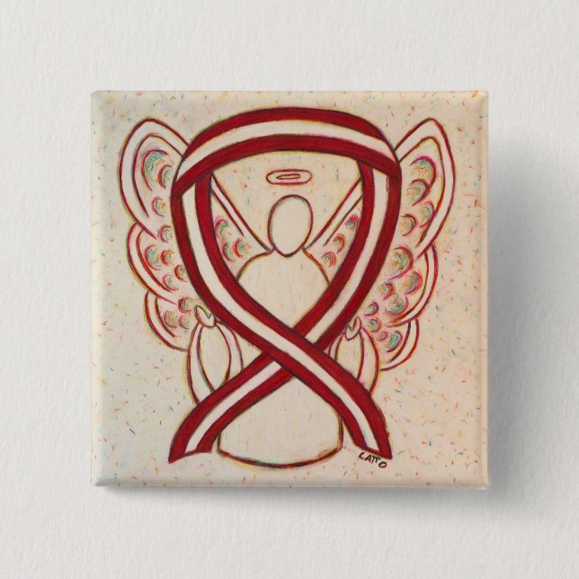 Burgundy och Ivory Ribbon Awareness Angel Pin Knapp (Framsida)