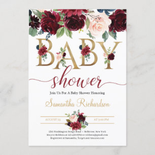 burgundy och marin Blommigt Boho Baby Shower Inbjudningar