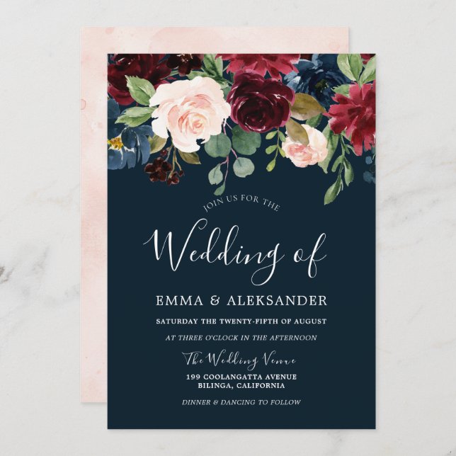 Burgundy  och marin vattenfärgsfärg Blommigt Bröll Inbjudningar (Fram/baksida)