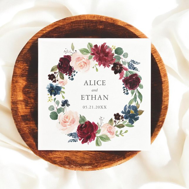 Burgundy och marinblå Blommigten Bröllop Pappersservett (Skapare uppladdad)