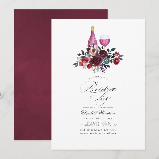 Burgundy och marinblå blomsterbröllopsfest för bru inbjudningar (Fram/baksida)