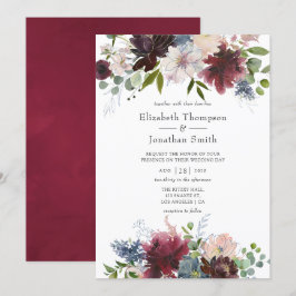 Burgundy och marinblå blomstervattenfärg Bröllop Inbjudningar