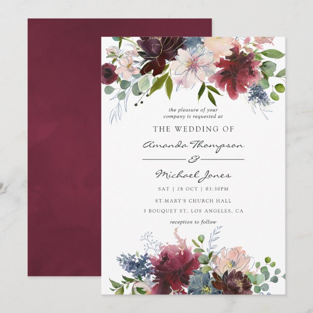 Burgundy och marinblå blomstervattenfärg Bröllop Inbjudningar (Fram/baksida)