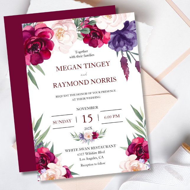Burgundy  och marinblå Peony-Blommigten Bröllop Inbjudningar (Skapare uppladdad)