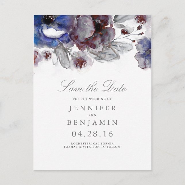 Burgundy och marinblommig Save the Date Meddelande Vykort (Framsida)