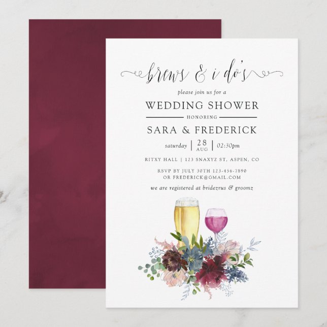 Burgundy och marinens Blommigt brinner innan jag g Inbjudningar (Fram/baksida)