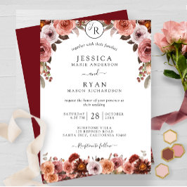 Burgundy och , Monogram Blommigt Bröllop Inbjudningar