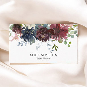 Burgundy och Navy Blåa blommor Visitkort
