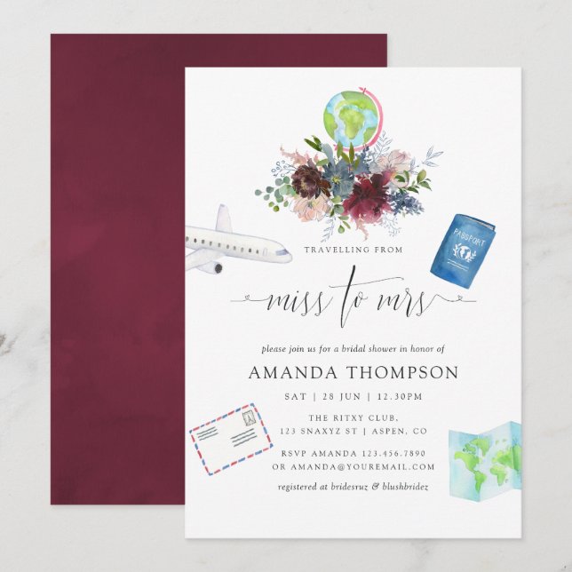 Burgundy och Navy Blommig Miss Till Mrs Bröllopsdu Inbjudningar (Fram/baksida)