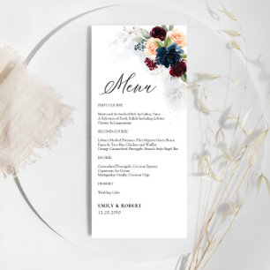 Burgundy och Navy Blommigt Bröllop Menu Meny