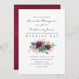 Burgundy och Navy Blommigt vattencolor Bröllop Inbjudningar