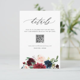 Burgundy och Navy Blommor QR-kod Bröllopsdetaljer Tilläggskort