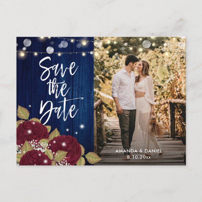 Burgundy och Navy Blue Bröllop Save The Date Foto Meddelande Vykort (Framsida)