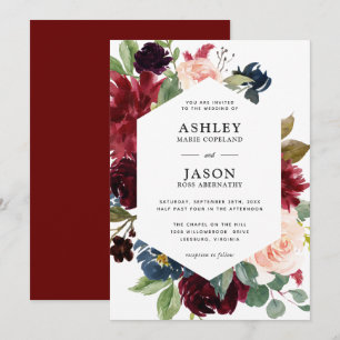 Burgundy och Navy Blue Watercolor Blommigt Bröllop Inbjudningar