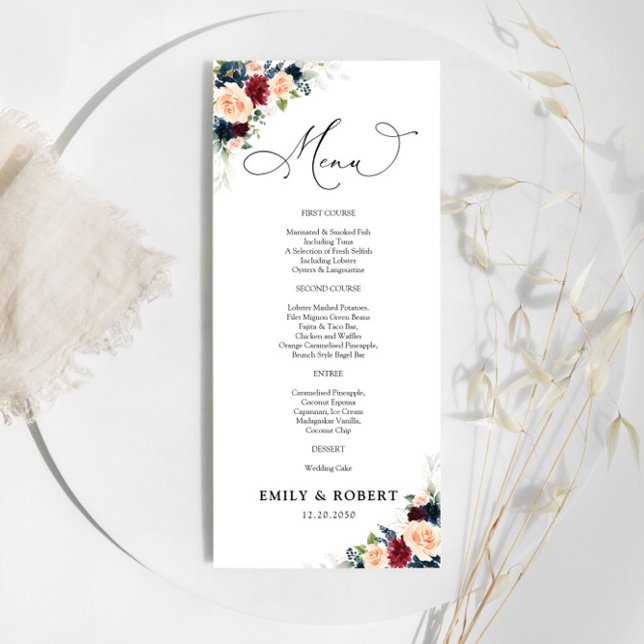 Burgundy och Navy Bröllop Ceremony Menu Meny (Skapare uppladdad)