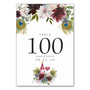 Burgundy och Navy Peacock Vin Thmet Bröllop Bordsnummer