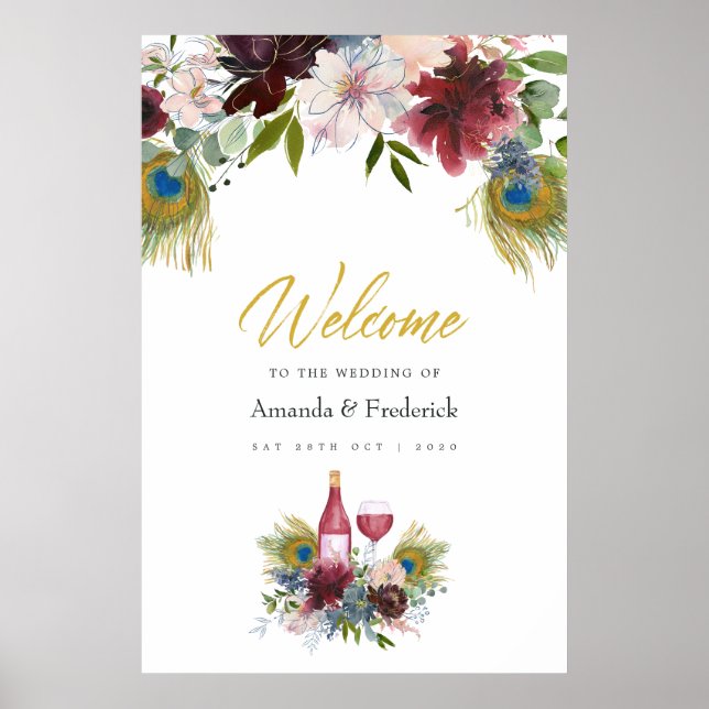 Burgundy och Navy Peacock Vin Thmet Bröllop Poster (Framsidan)