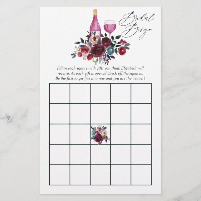 Burgundy och Navy Vintäkt Bröllopsdusch Bingo (Framsida)