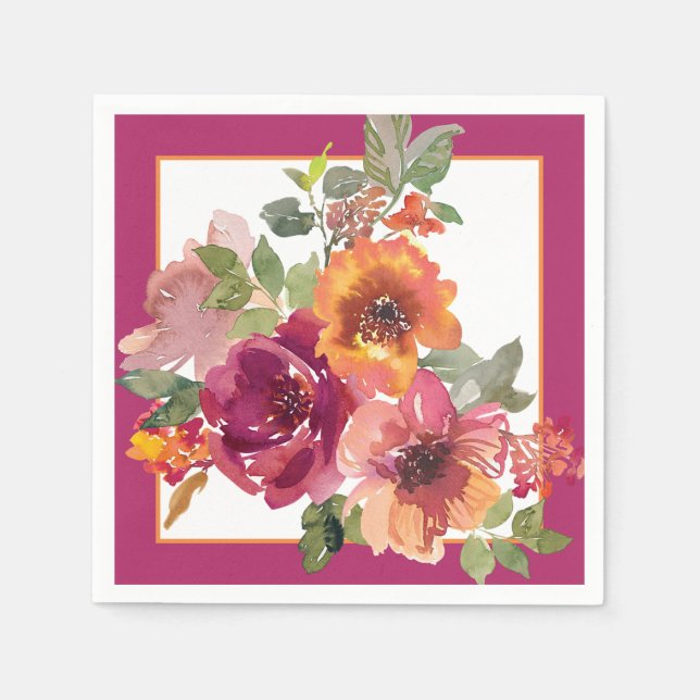 Burgundy och orange får vattenfärger blommor pappersservett (Framsidan)