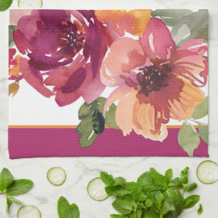 Burgundy och orange höst vattenfärg blommor kökshandduk