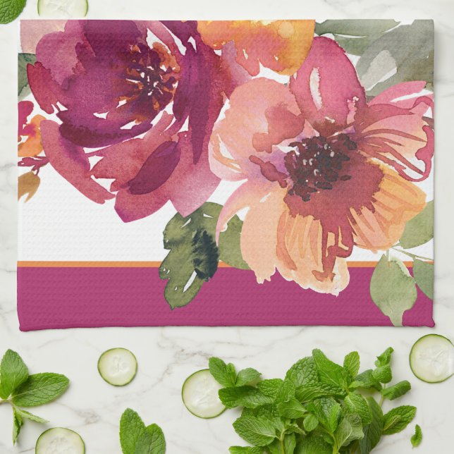 Burgundy och orange höst vattenfärg blommor  kökshandduk (Vikta)