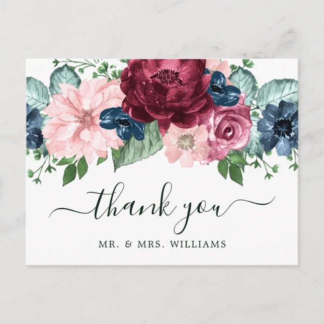 Burgundy och Pastellrosa Akvarellblommor Meddelande Vykort (Framsida)