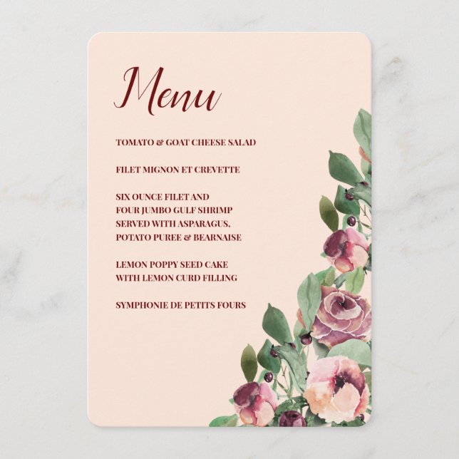 Burgundy och Peach Blommigt Vattenfärg Meny (Framsida)