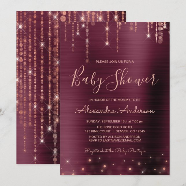 Burgundy och Ro Guld Baby Shower Party Inbjudningar (Fram/baksida)