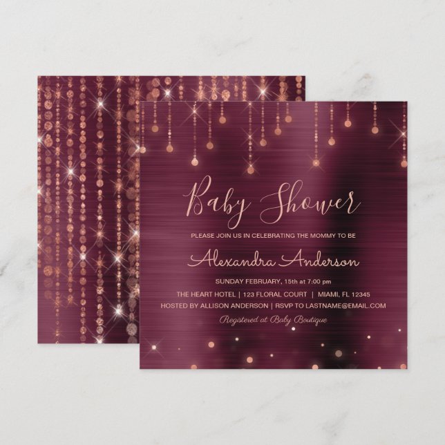Burgundy och Ro Guld Baby Shower Party Inbjudningar (Fram/baksida)