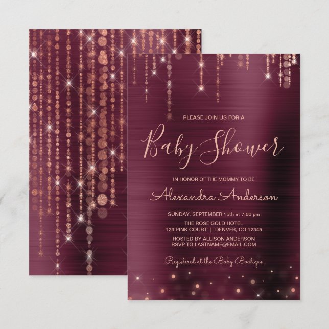 Burgundy och Ro Guld Baby Shower Party Inbjudningar (Fram/baksida)