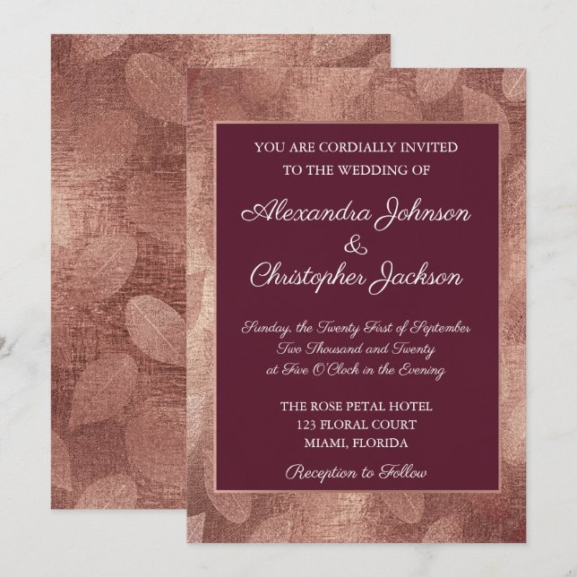 Burgundy och Ro Guld Fall Löv Bröllop Inbjudningar (Fram/baksida)