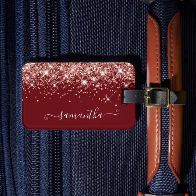 Burgundy och Ro Guld Glitter Girly Namnteckning Bagagebricka (Framsida Insitu 4)