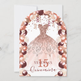 Burgundy och Ro Guld Quinceañera Dress Balloon Inbjudningar