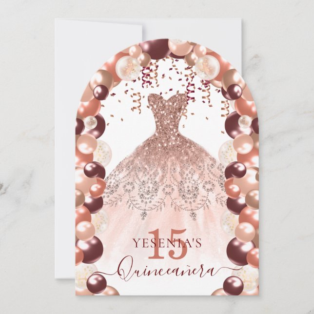 Burgundy och Ro Guld Quinceañera Dress Balloon Inbjudningar (Framsida)