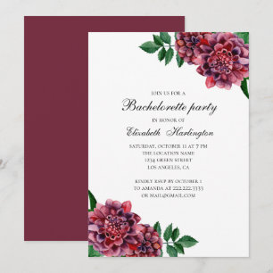 Burgundy och röd dahlia. Flower bachelorette Party Inbjudningar