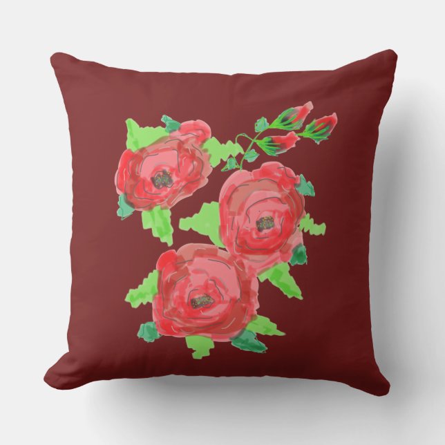 Burgundy och Röd ros Designer Kudde (Framsida)