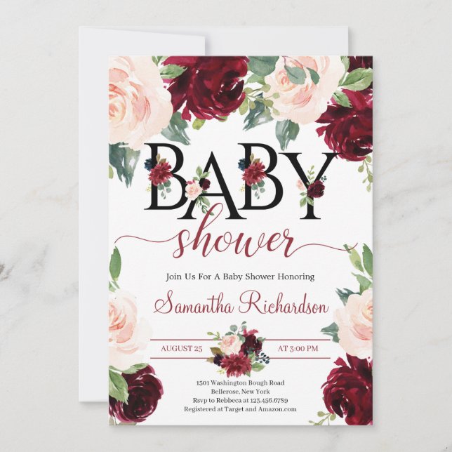  burgundy och Rosa Blommigt Boho Baby Shower Inbjudningar (Framsida)