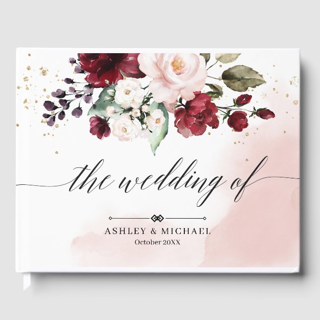  Burgundy och Rosa Blommigt Bröllop Guest Bok (Framsida)