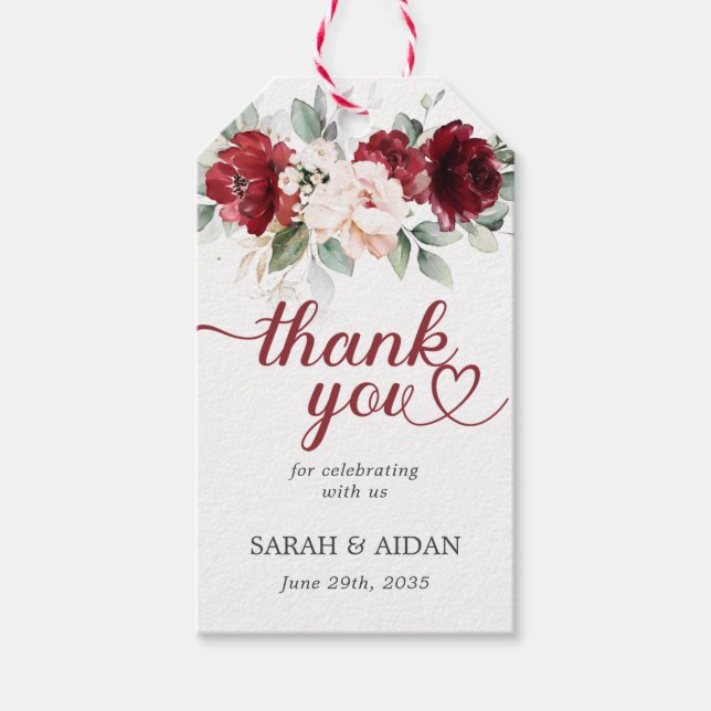 Burgundy och  Rosa Blommigt Bröllop Tack Presentetikett (Framsidan)