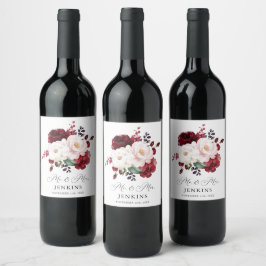 Burgundy och Rosa Blommigt Bröllop Vinflaska Etikett