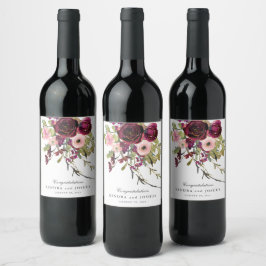 Burgundy och  Rosa Blommigt Bröllop Vinflaska Etikett