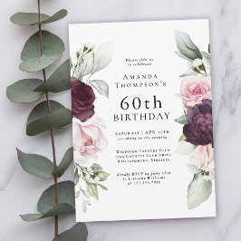Burgundy och Rosa Blommigt Elegant 60:e födelsedag Inbjudningar